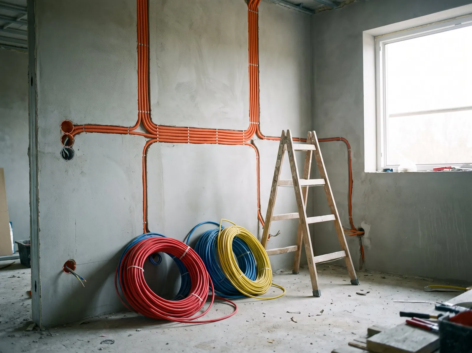 Épületvillamossági szerelés: védőcsövek és szerelvénydobozok egy új építésű családi házban