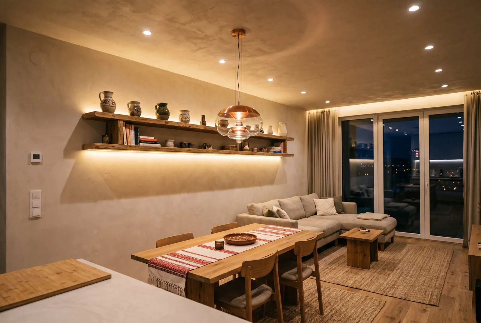 Modern LED-világítás és mennyezeti spotlámpák egy felújított nappaliban